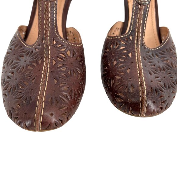 Pikolinos Floral Cutout T-Strap Heels Brown Leather Size 38 EU 7.5-8 US - Picture 4 of 13